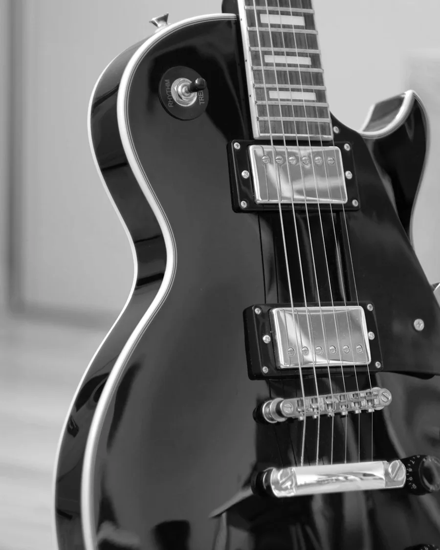 Macro detail of the strings and pickups of an electric guitar